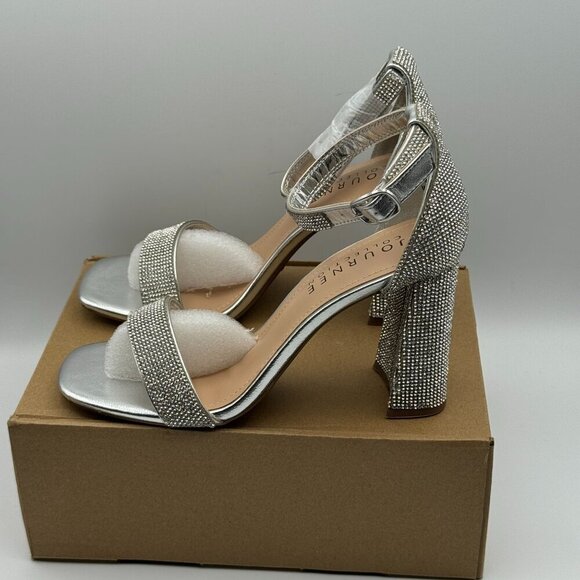Journee Womens Idda Rhinestone Silver Textile High Block Heel Sandals Size 8 - Picture 3 of 9